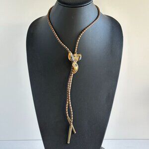 1960s–1970s Tooled Leather Saddle Bolo Tie, Western Bolo with Brass Tips